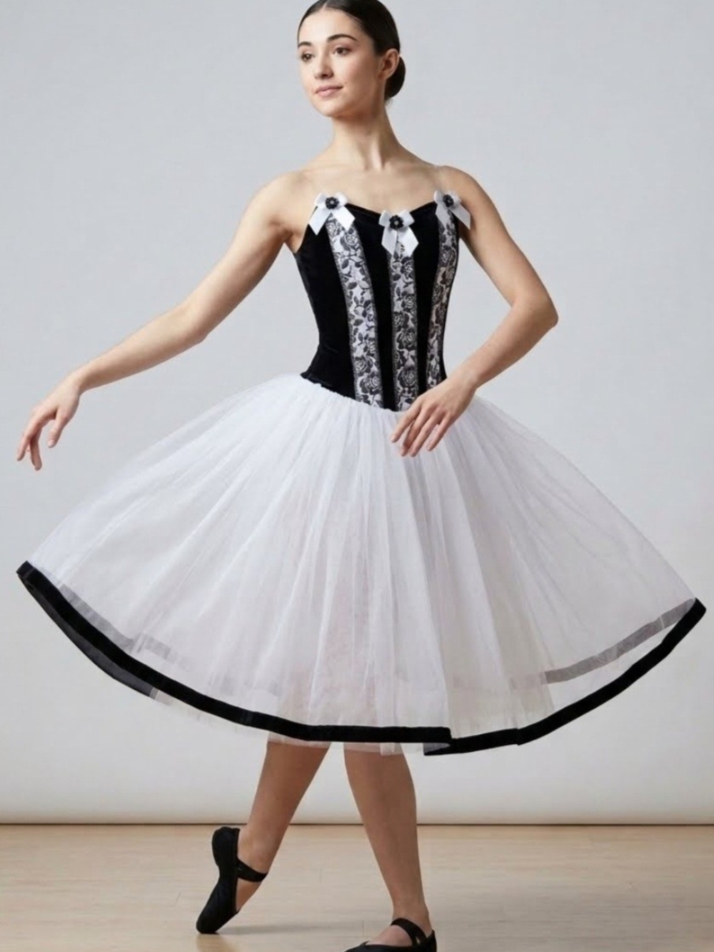 Ballet-Inspired Midi Dress w/Corset Bodice Black & White Size MC